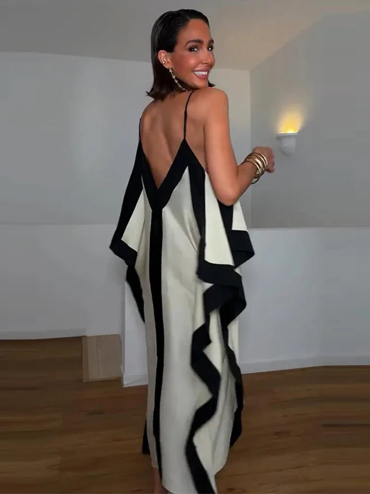Contrast Black Trim Satin Cami Maxi Dress Deep V Neck Loose Flowy Ruffle Hem Lady Long Gown 2026 Summer Formal Vacation Dresses