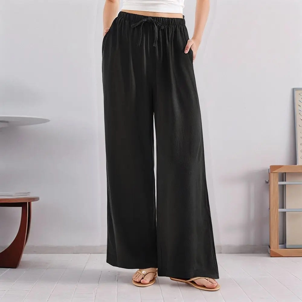Loose Wide Leg Casual Pants Women's  Korean Linen Office Lady Household Trousers Drawstring Straight Leg Long Pants Femme