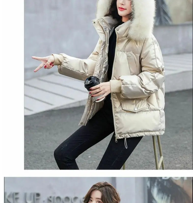 2026 Winter Fashion New Warm Duck Down Jacket Women's Clothes Glossy Fur collar Thicken Parka Short Down Coat Female Trend