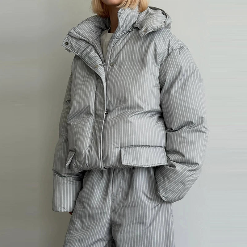 Casual Women's Stripe Set With Hat Full Sleeve Cotton Padded Coat Straight Pants Female Loose Sets 2026 Autumn Winter Lady Suit