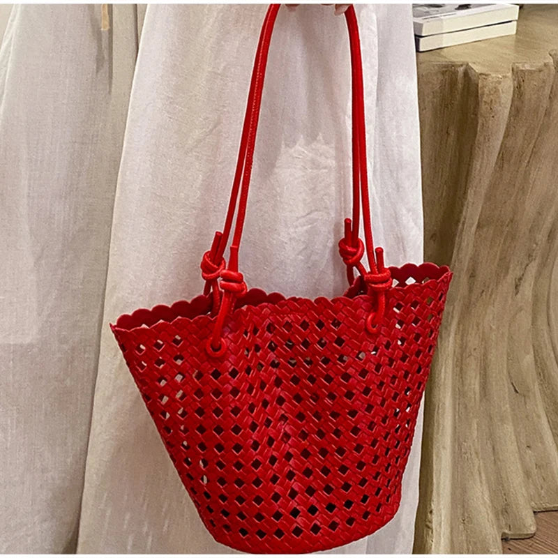 Hand-woven Openwork handBag With Zipper Inner Pocket,summer Pu Leather Beach Bucket Bags,large Capacity Simple Shopping handBag