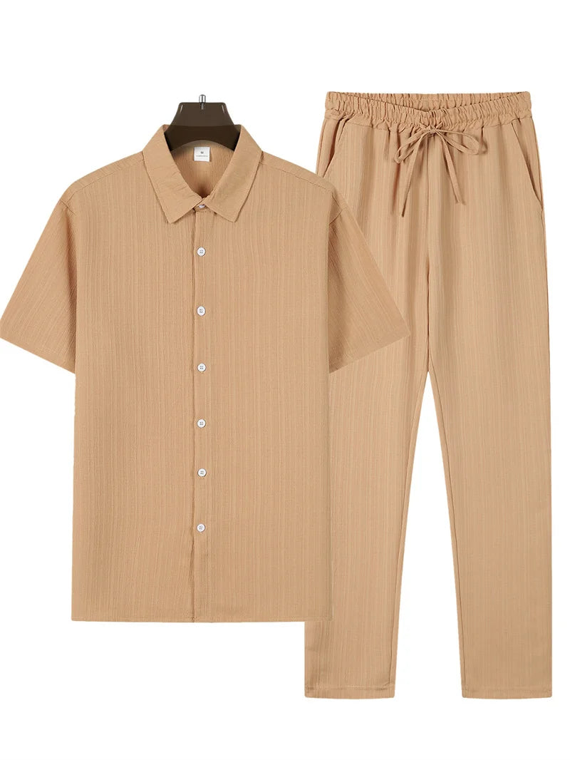 spring Summer Men Sets short-sleeve cardigan lapel shirt+trousers suit men's fashion 2 pieces tracksuit striped leisure suit
