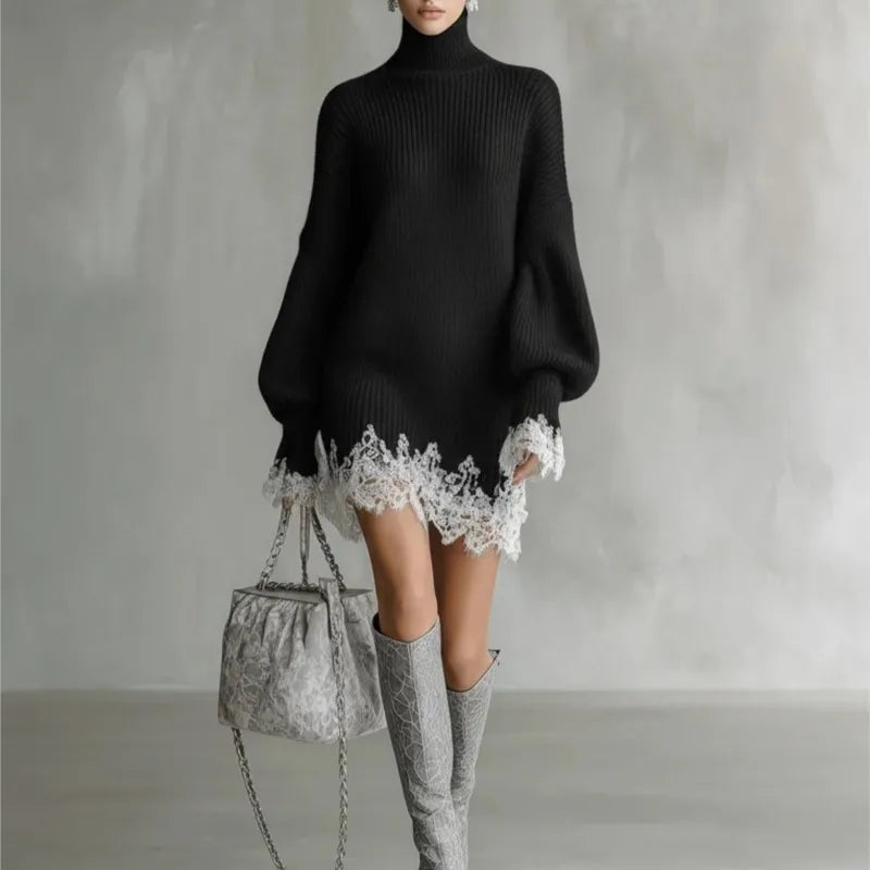 Knitted Sweater Dress For Women Autumn Winter Casual Solid High Neck Dresses Lady Fashion Lace Hem Splicing Loose Mini Vestidos