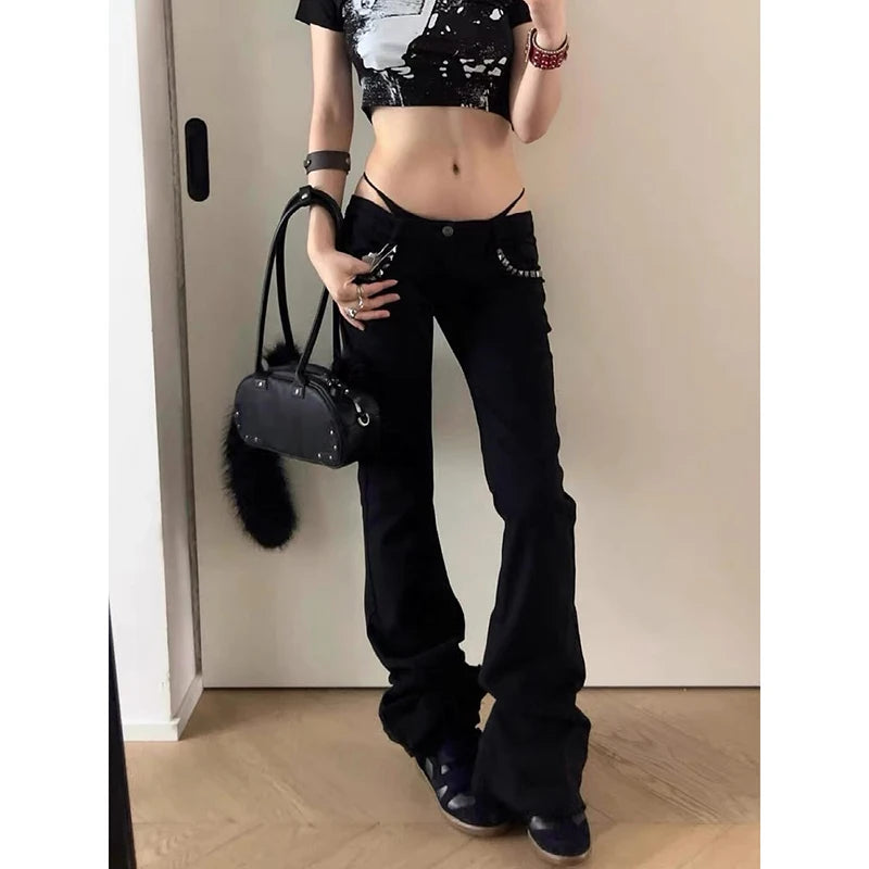 ZHIZOU Women Low Rise Jeans Black Flared Denim Pants Gyaru American Retro Korean Cyber Punk Trumpet Jeans Y2k Skinny Bell Bottom