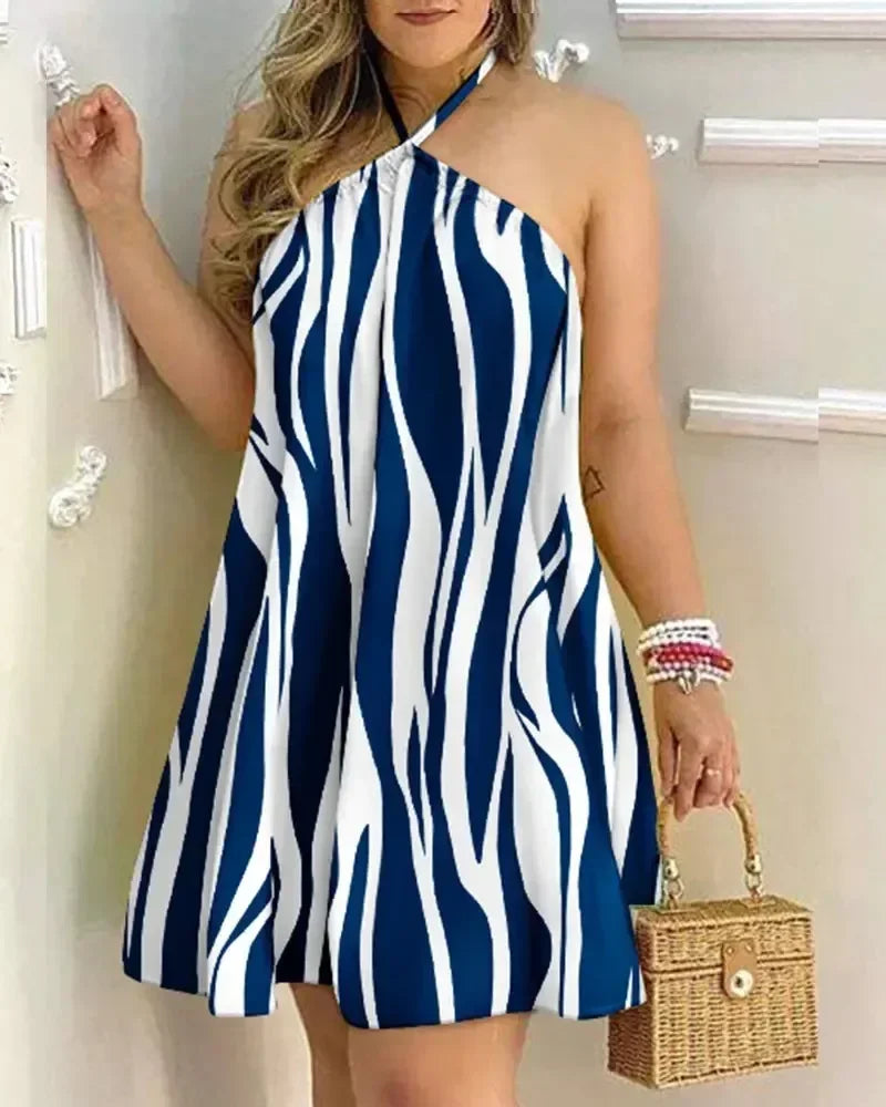 Ladies Halter Neck Sleeveless Mini Dress Striped Print Loose Casual Beach Vacation Dress