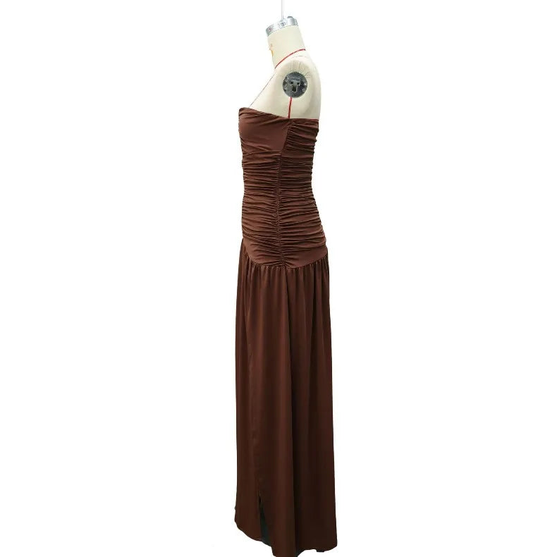 Solid Color Sexy Strapless High Slit Pleated Slim Fit Dress for Birthday Party Dinner Party Graduation Party Dress