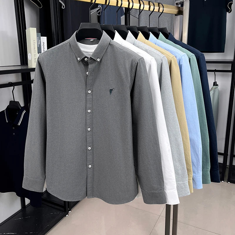 High End 100% Pure Cotton Long Sleeved Men's 2026 Spring Fashion Solid Color Business Casual Small Horse Logo Shirt