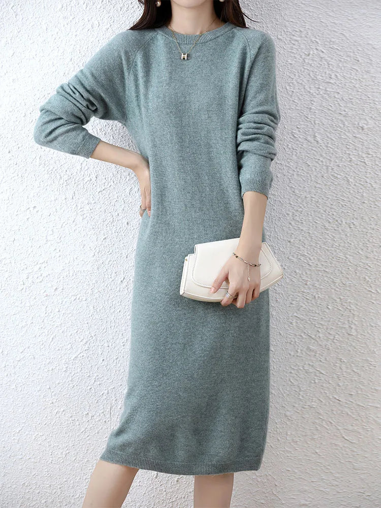 Cashmere Sweater Knitted Dresses 100% Merino Wool Women's Winter Female Elegant Pullovers Dress Autumn Casual Long Sleeve Skirts