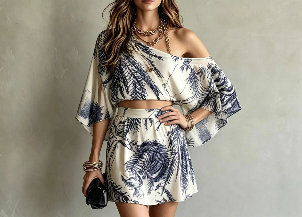 Bohemian style tropical leaf print off shoulder short top A-line short skirt vacation set for women