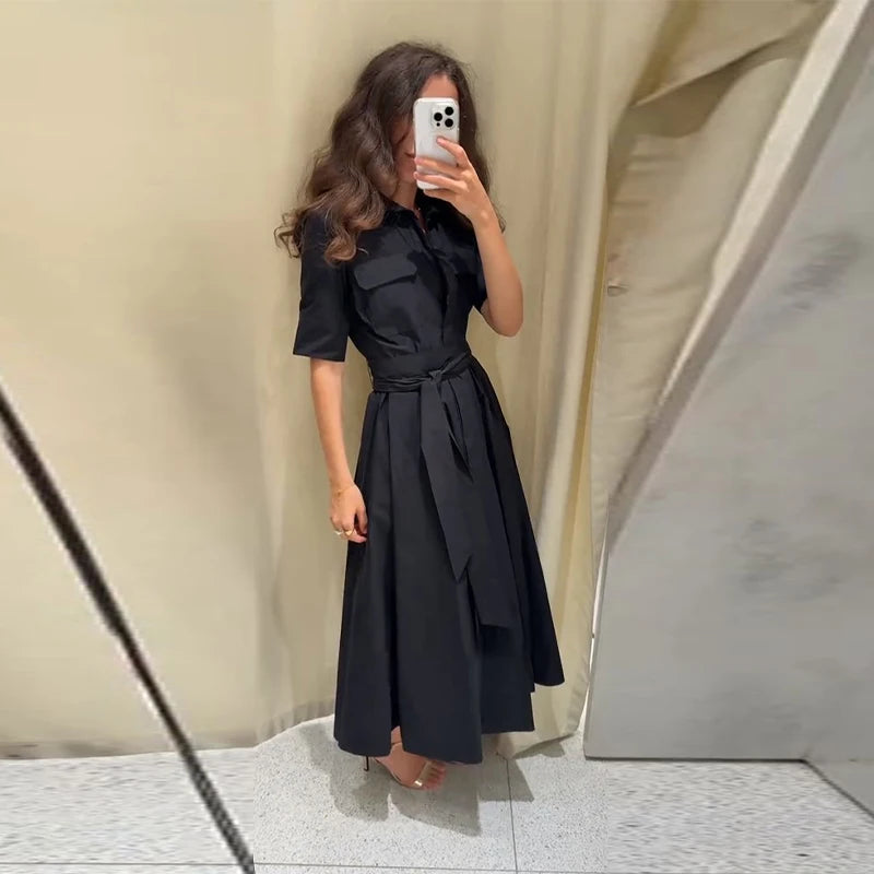 Elegant Belt Women Long Black Dress Full Sleeve Pleated Lapel Waist-Closed Female  A Line Dresses 2026 Spring Lady Robes New