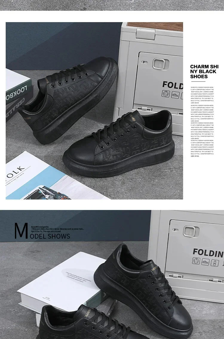2026 Men's Casual Shoes Spring and Autumn Flat-soled Casual Leather Shoes Sports Shoes Black and White Men's Thick-soled Shoes