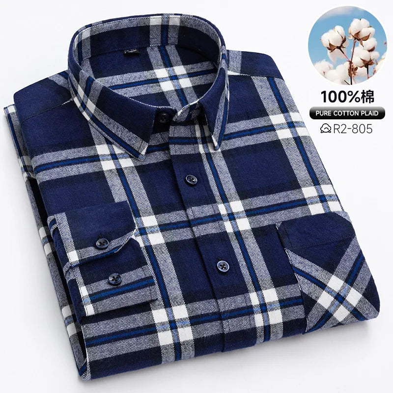 Classic Retro Plaid Flannel Shirt Long Sleeve 100% Cotton Fashion Casual Soft Spring Autumn Winter Standard Pocket Men's Shirt