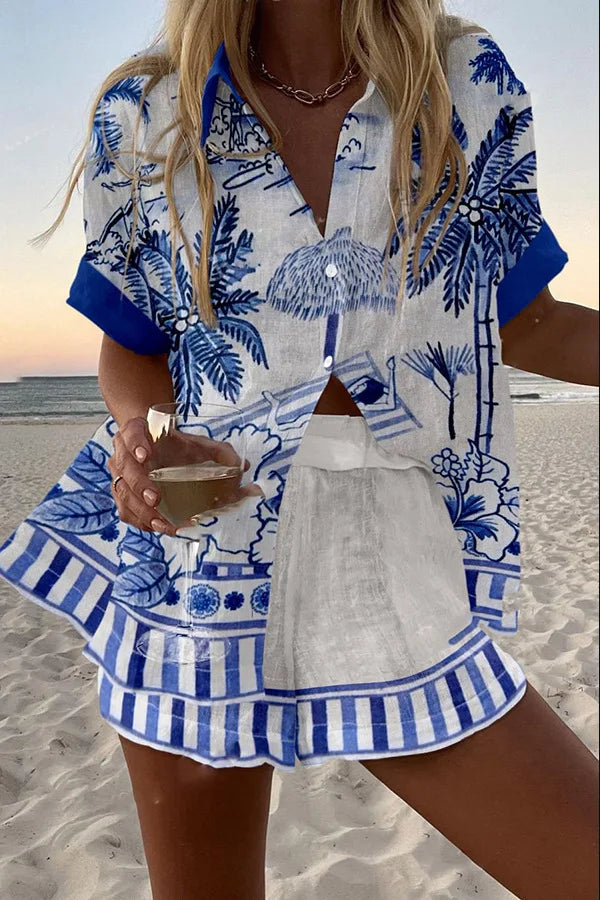 Fashion Print Beach Holiday 2-Piece Set Women Summer Short Sleeve Shirt Top + Wide Legs Short Women's Oversized Two-Piece Outfit