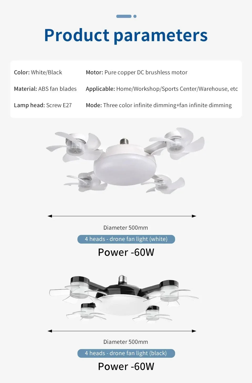 E27 Fan Light 2-in-1 60W  Drone Design Ceiling Fan Light with Remote Control AC85-265V Fan Lighting Bulb for Home Restaurant