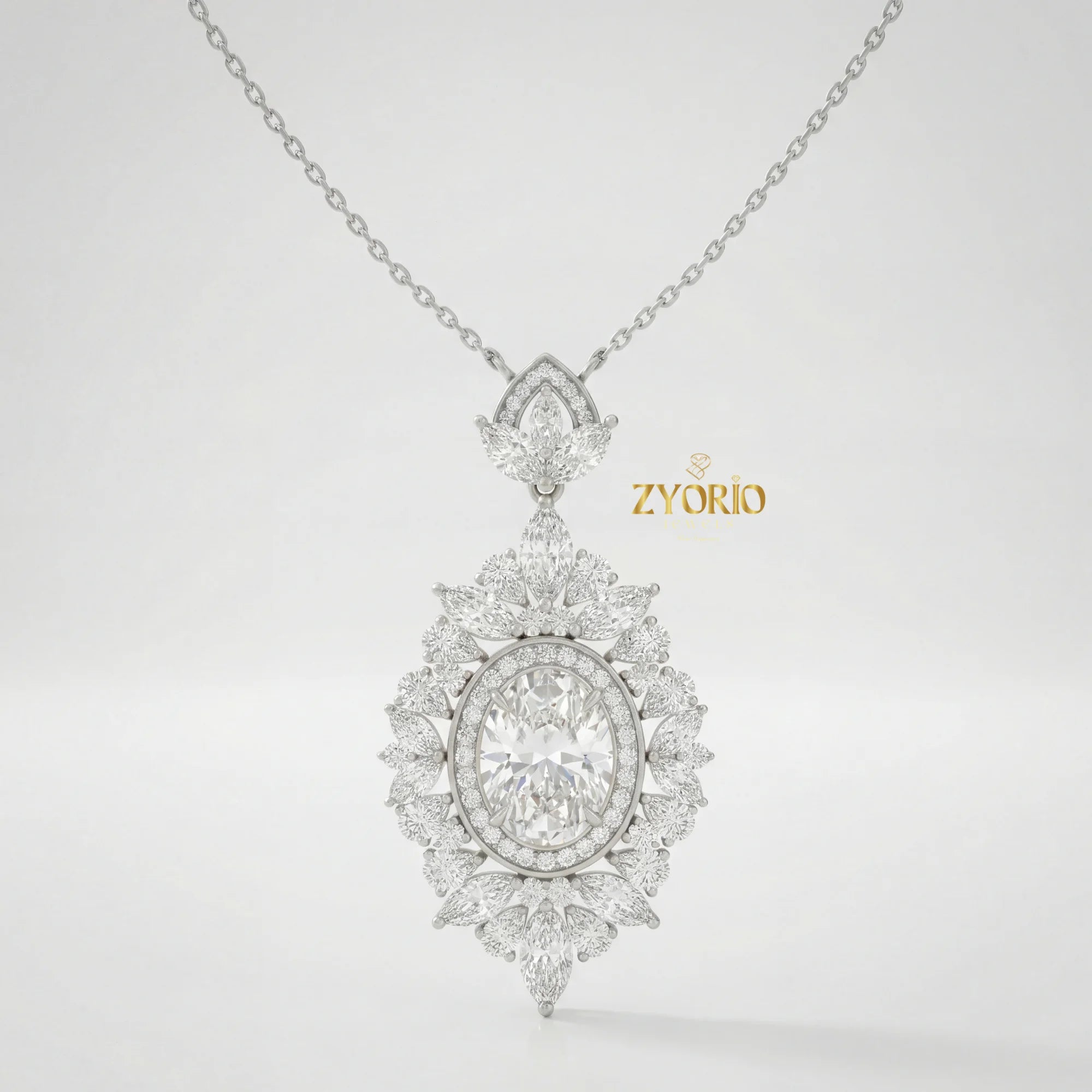 Gold Oval Halo Cluster Diamond Pendant Necklace Women Brilliant Diamond Link Chain Jewelry for Engagement Wedding Anniversary