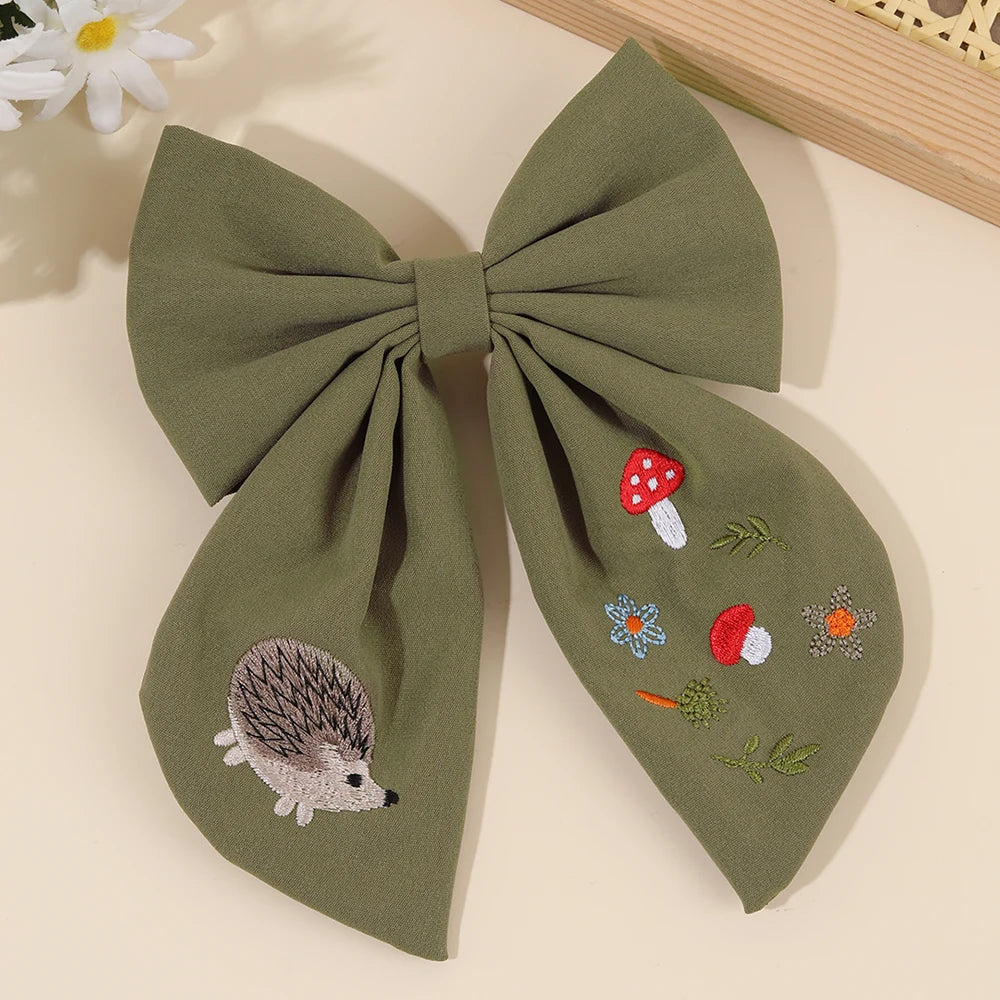 Cartoon Hedgehog Bow Hair Clip For Girls Elegant Handmade Flower Fox Embroidery Hairpins  New Trendy Headwear Hair Accessories