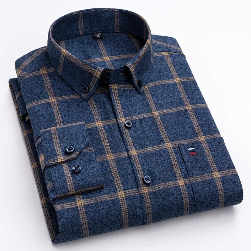 New in ShirtPlus Size 7XL 100% Cotton Sanding Long-Sleeve Shirts for Men Slim Fit Plain Shirt Striped Plaid Single Pocket Clothe