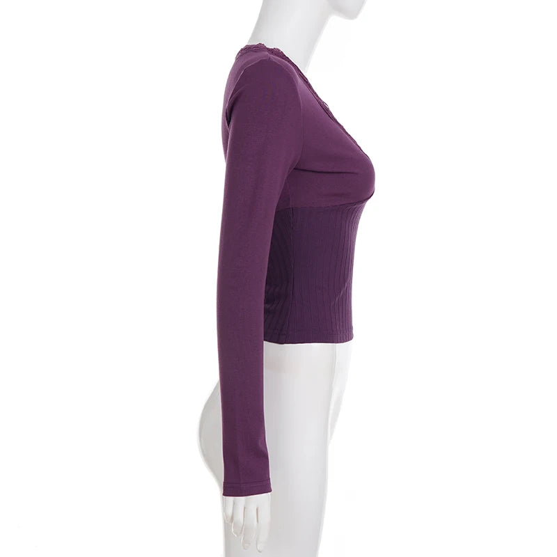 SUCHCUTE Purple Elegant Lace Patchwork V-Neck Slim Knit Top Women Casual Long Sleeves Tees Fashion Sexy Clothing Spring Outfits