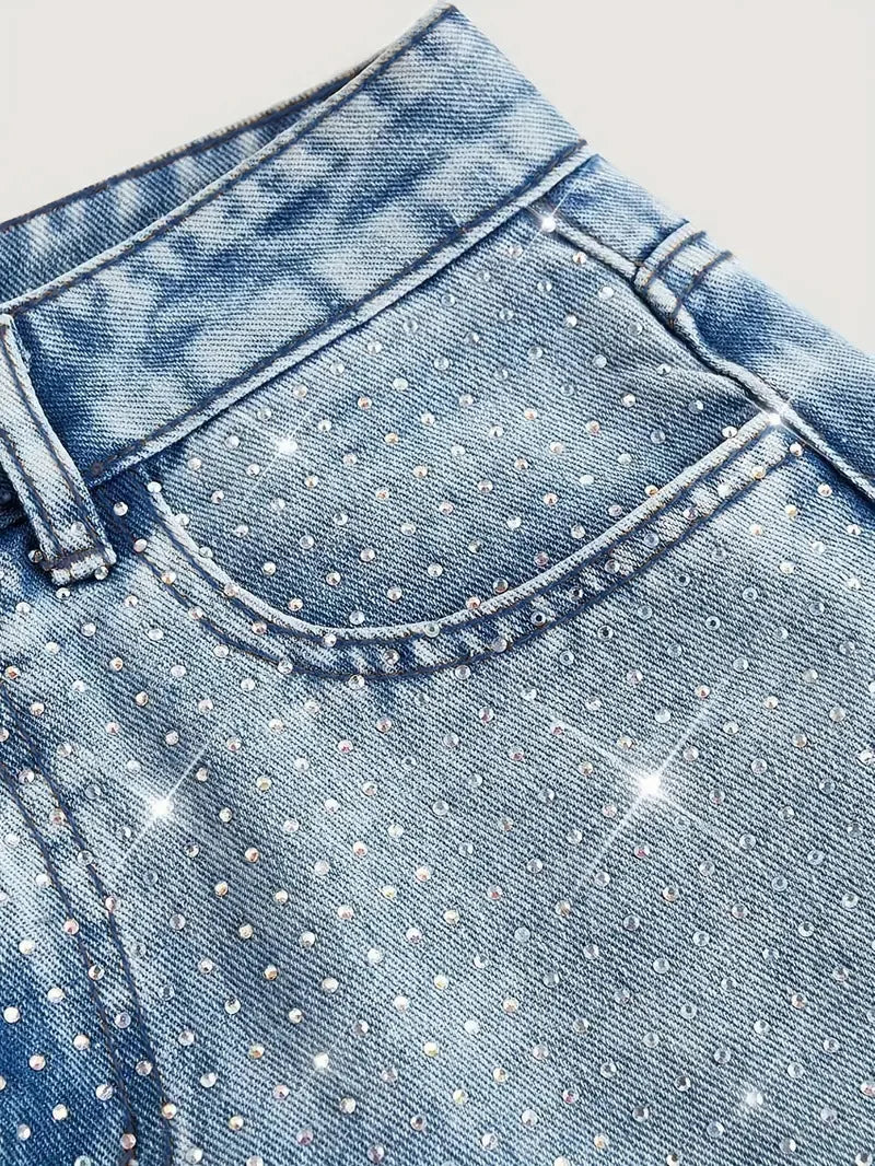 Women Diamonds Spliced Jeans Elegant Casual Midi Waist Denim Pants Solid Pockets Button Pant Washed Slight Strech Autumn Winter