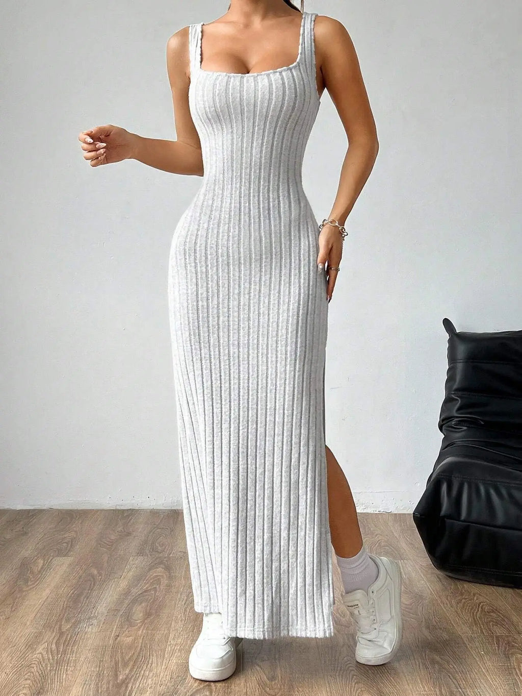 Y2K Street Style Sleeveless Square Neck Ribbed Maxi Dress Thin Strap High Side Slit Bodycon Long Skirt