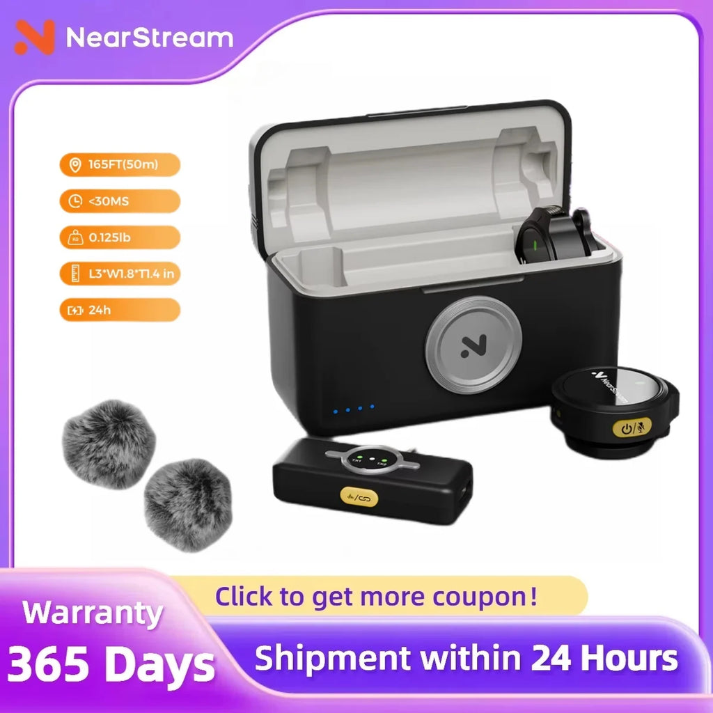NearStream AWM25T Magnetic Wireless Lavalier Microphone, 1‑to‑2 Dual‑Mic, ENC Noise Cancelling, Low Latency 65Ft, 24H Battery Charging Case, Plug‑Play Lapel Mic for iPhone Android Laptop PC