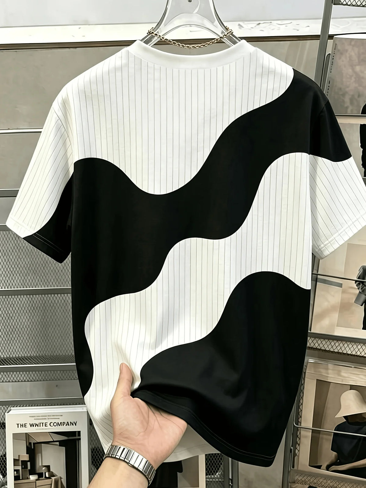 Men Mesh Sports T‑Shirt Abstract Patchwork Print O‑Neck Short Sleeve Loose Breathable Summer Casual Top