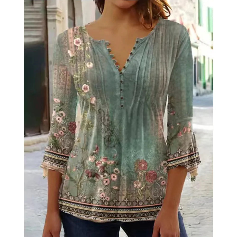 Summer Women's V-Neck Button T-Shirt Street New Fashion Loose Seven-Point Sleeve Shirt 3D Printed Casual V-Neck T-Shirt Top
