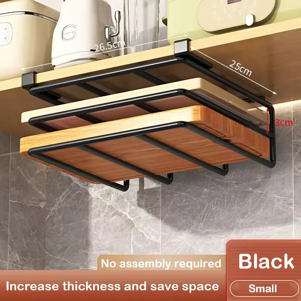 Kitchen Under Cabinet Hanging Organizer Rack with Hooks Multi-Purpose Holder for Paper Towel Cutting Board & Pot Lids