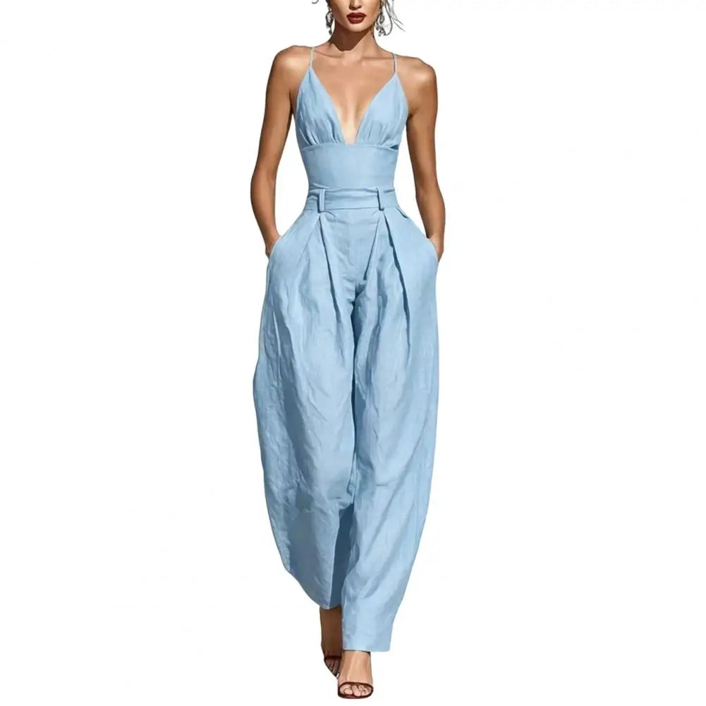 Elegant Sexy V-Neck Spaghetti Strap Jumpsuit Women High Waist Wide Leg Casual Romper Spring Boho Solid Backless Pockets Overalls