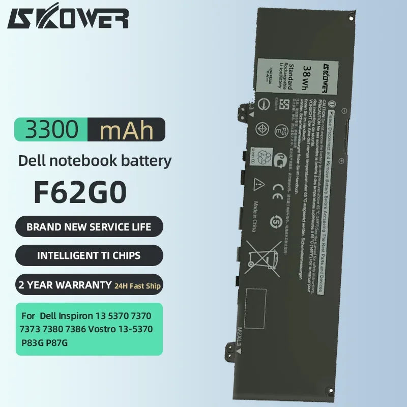 SKOWER F62G0 Battery For Dell Inspiron 13 7373 7386 2 in 1 5370 7370 7380 P83G P87G Vostro 5370 Replacement 39DY5 RPJC3