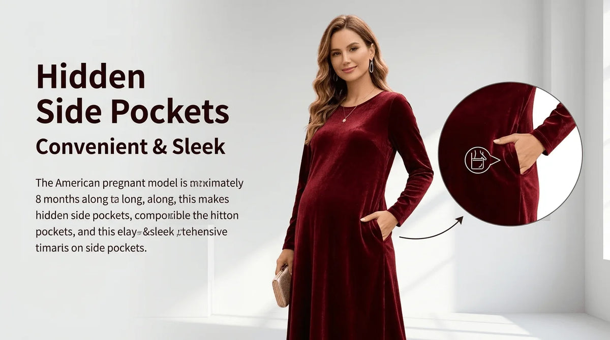 Maternity Autumn Winter Golden Velvet Pocket Long Sleeve Dress Formal Party Gala Long Dress Burgundy Maternity