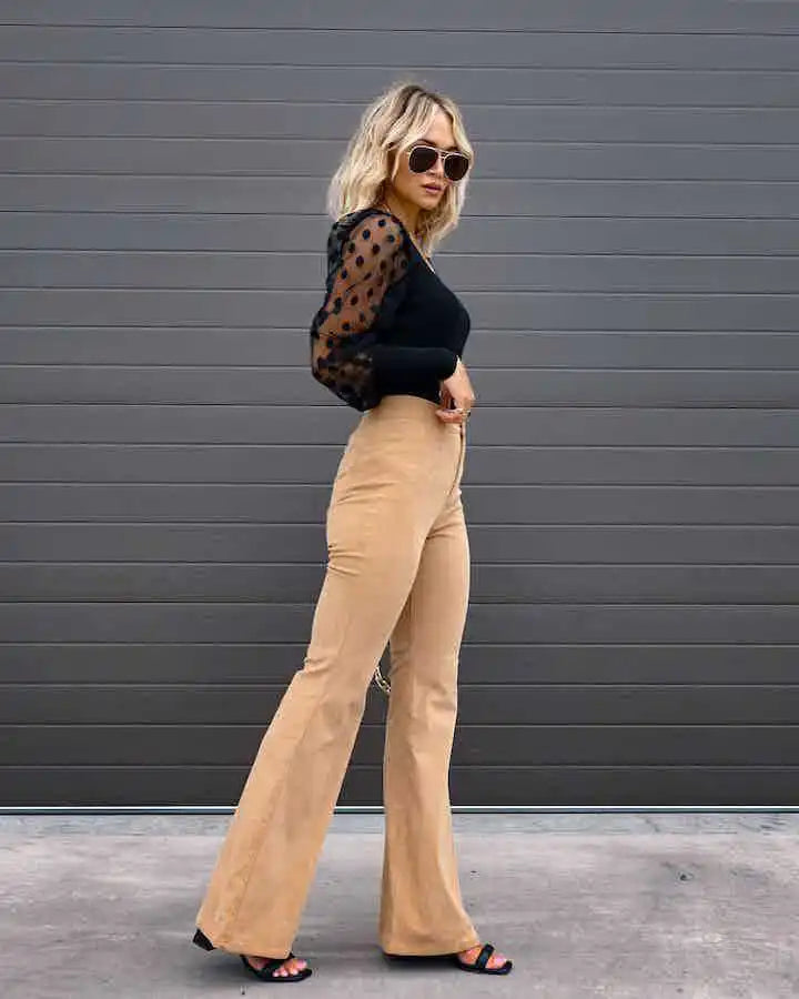 Fashionable Retro Women's Slightly Flared Pants Autumn And Winter Solid Color High Waist Button Slim Pants For Dating And Office