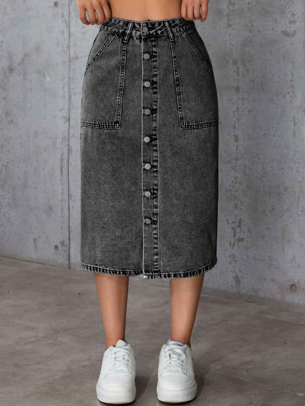 Women High Waist Stretchy Denim Pencil Skirt Midi Length Knee-Length Slit Bodycon Flattering Casual Daily Streetwear