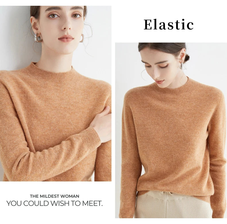First-Line Seamless Women's Half-Turtleneck 100% Pure Wool Sweater Solid Color Long Sleeve Pullover Knitted Bottoming Sweater