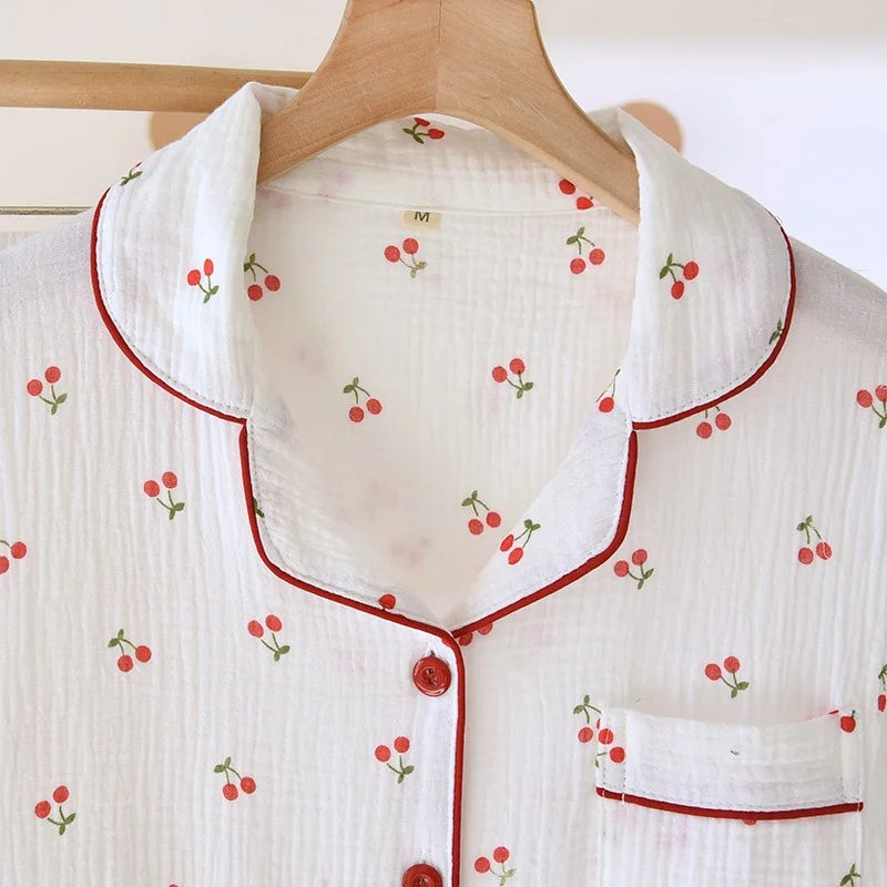 100% Cotton Women Pajamas Cherry print Pajamas Autumn Long sleeved pants Female 2 Piece Set Nightwear  Lady Pyjamas Loungewear