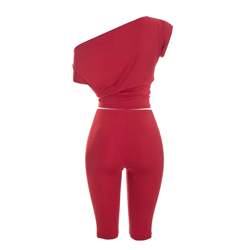 One Shoulder Solid 2 Piece Set Women Summer Short Sleeve Crop Top Shirt Pant Matching Sets Beach Vacation Outfit Streetwear Gift