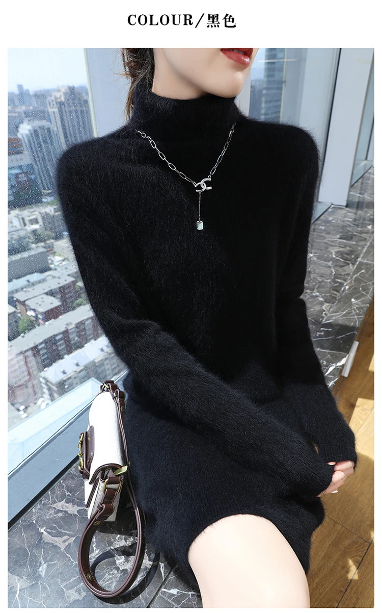 New Hot Selling 100% Mink Cashmere Knitted Women's High Neck Pullover Dress Sweater Slim Fit Solid Color Long Women's Dress