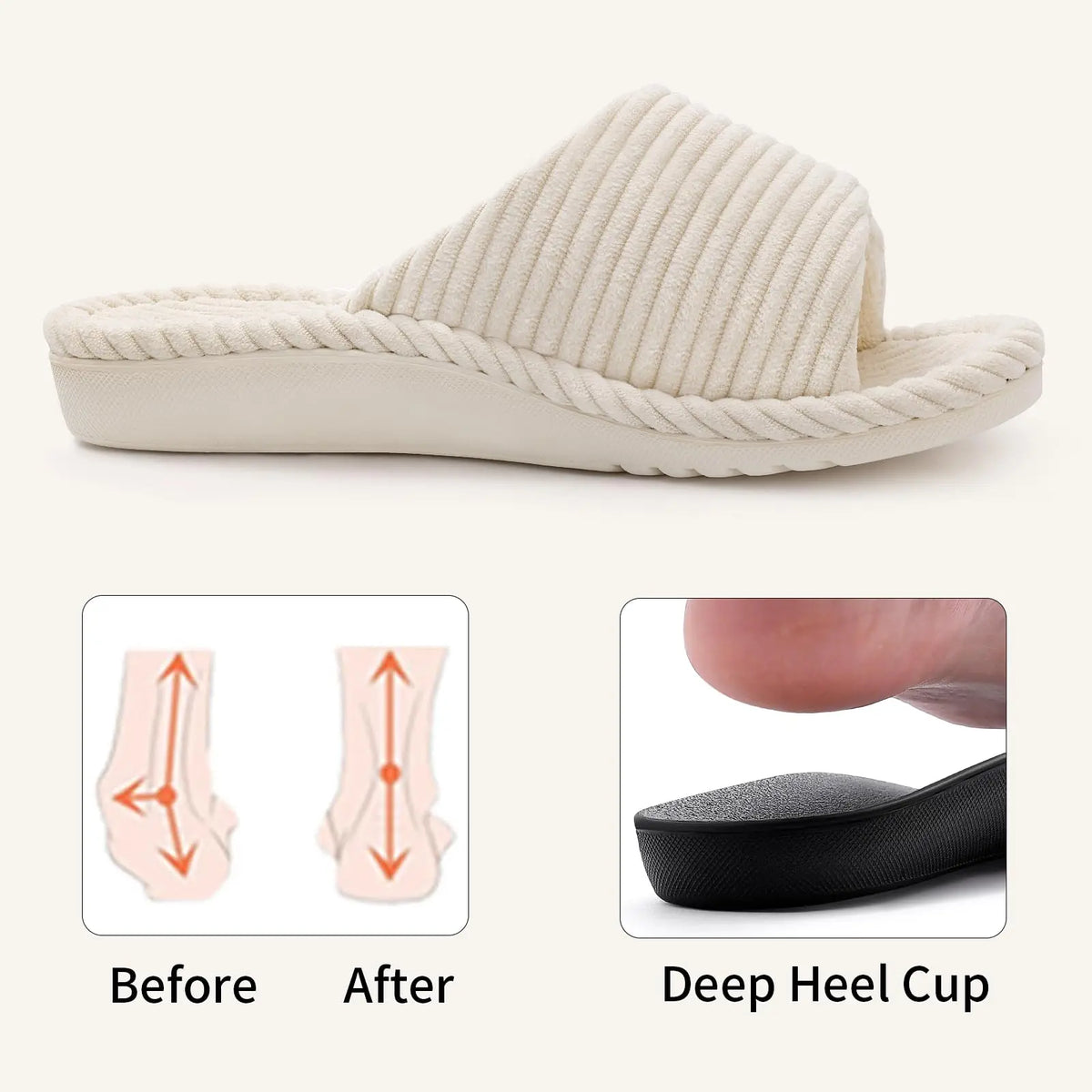 Evshine Women's Orthopedic House Slippers Arch Support Indoor Fur Slippers with Adjustable Strap Open Toe Corduroy Bedroom Shoes