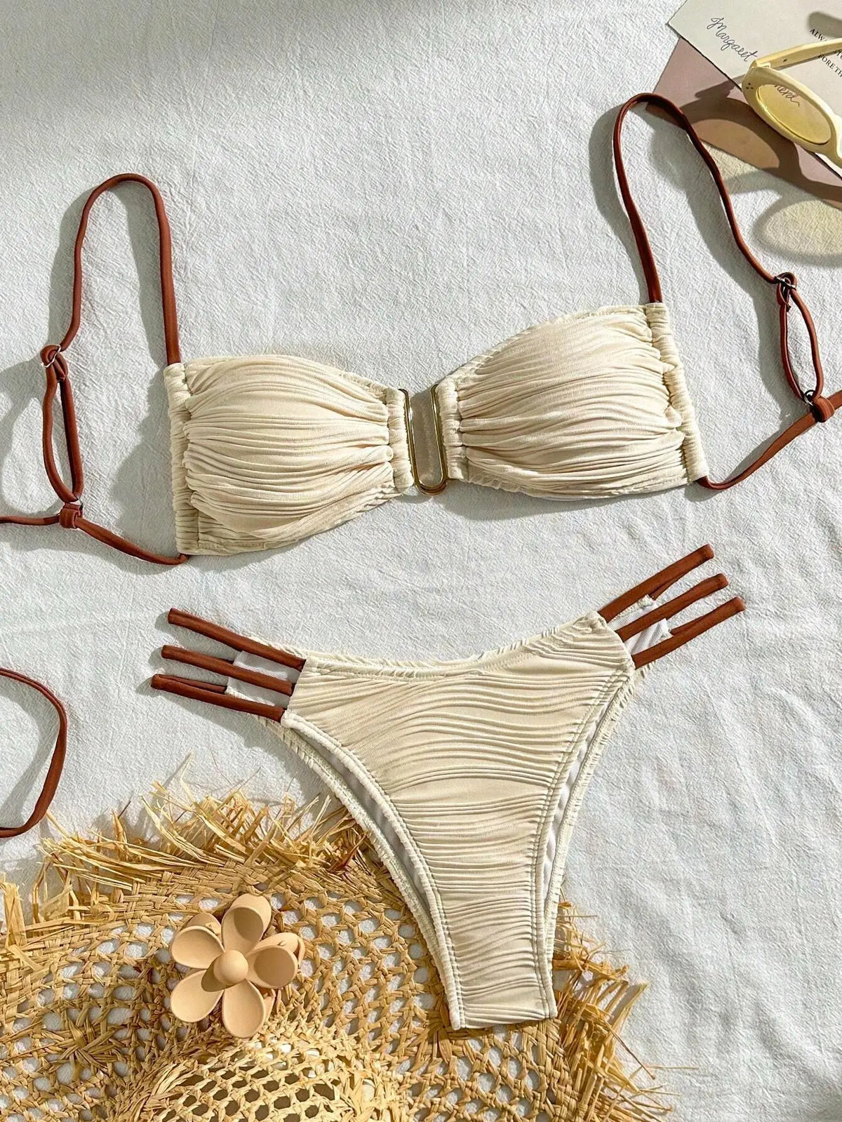 Color Block Ruched Bikini Swimsuit Thin Shoulder Straps Square Metal Ring Bikini Top Multi Strap Brief Fashion Bathing Suit