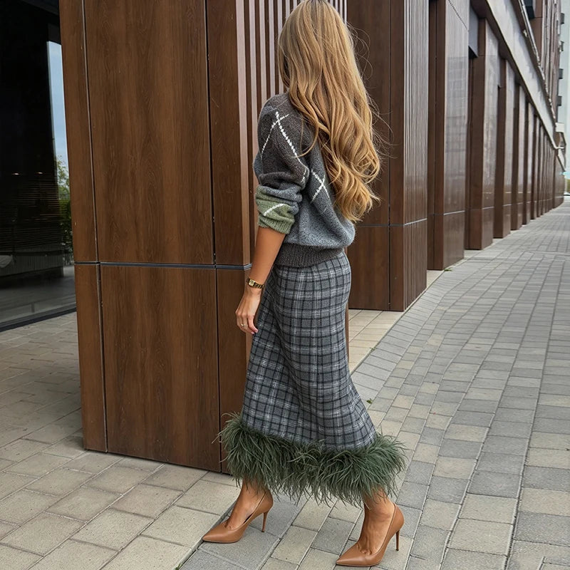 Women Plaid Midi Skirt With Feather Fringe Hem Elegant High Waist Straight Long Skirt Fall Winter Party Chic Bottoms