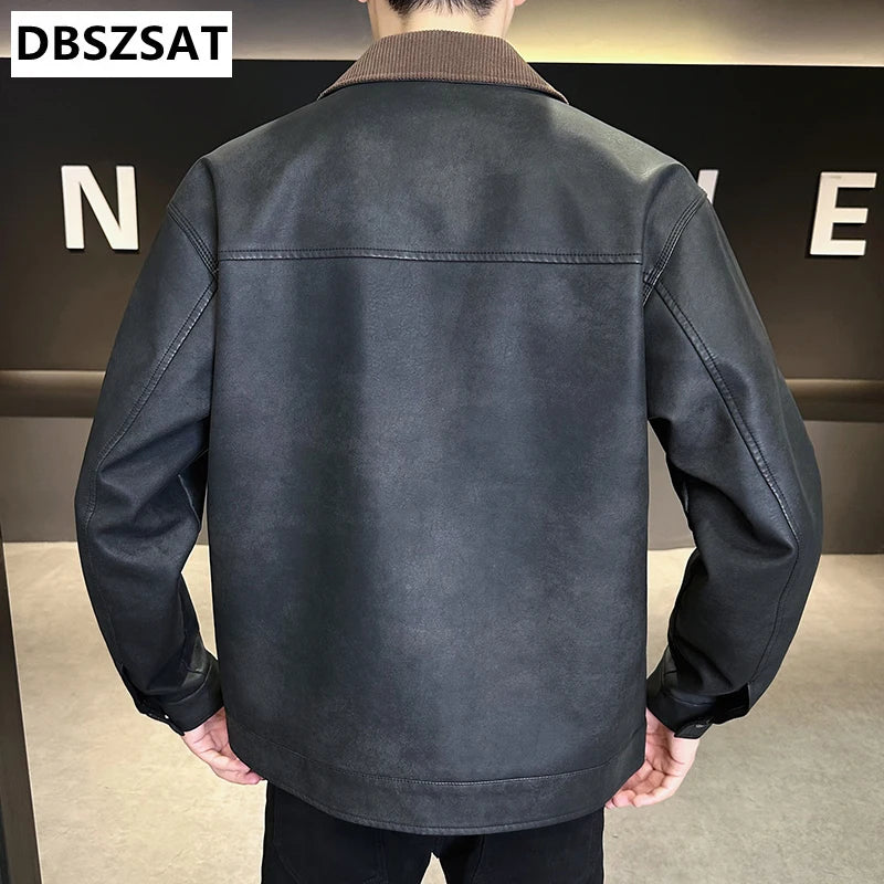 2029  Motorbiker Jacket Men's American Autumn Winter Hip-hop PU Leather Jackets Men Streetwear Racing Motorcycle Wear