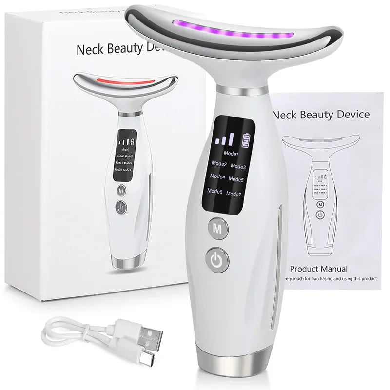 EMS micro current neck beauty instrument, 7-color facial massager, through vibration to enhance facial neck care