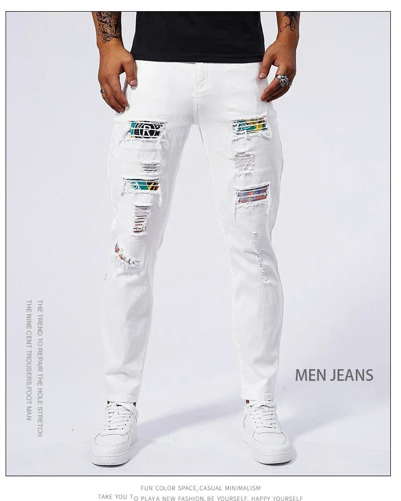 White 97% Cotton Jeans Men Clothing New Ripped Slim Patchwork Fashion Hole Skinny Elasticity Denim Trousers Male Streetwear