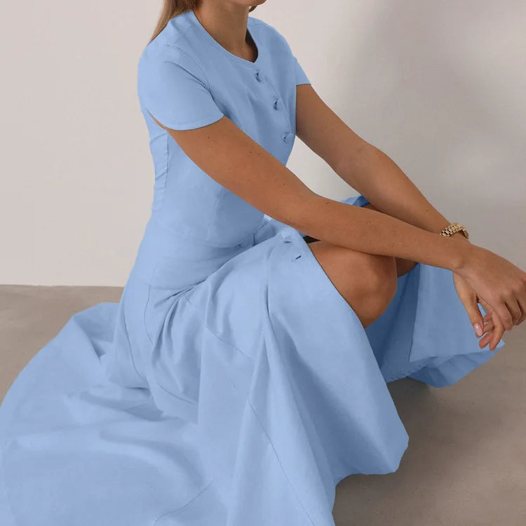 Two Pieces Women Dress Sets Solid Matching Sets Button Short Sleeves Top Empire Waist Ankle Length Skirt Loose Fit 2026 Summer