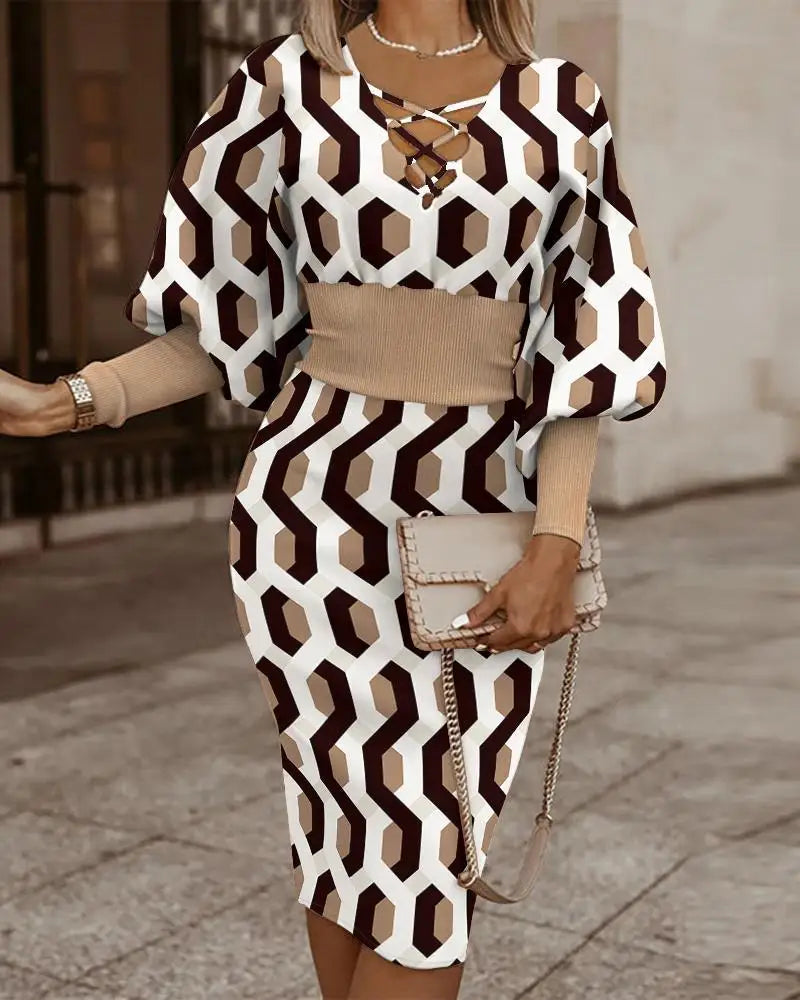 Elegant Women's Maze Printed Long Sleeved Slim Fit Dress 2024 Fashionable Woman Hollowed Out V-neck Cinched Party Club Vestiods
