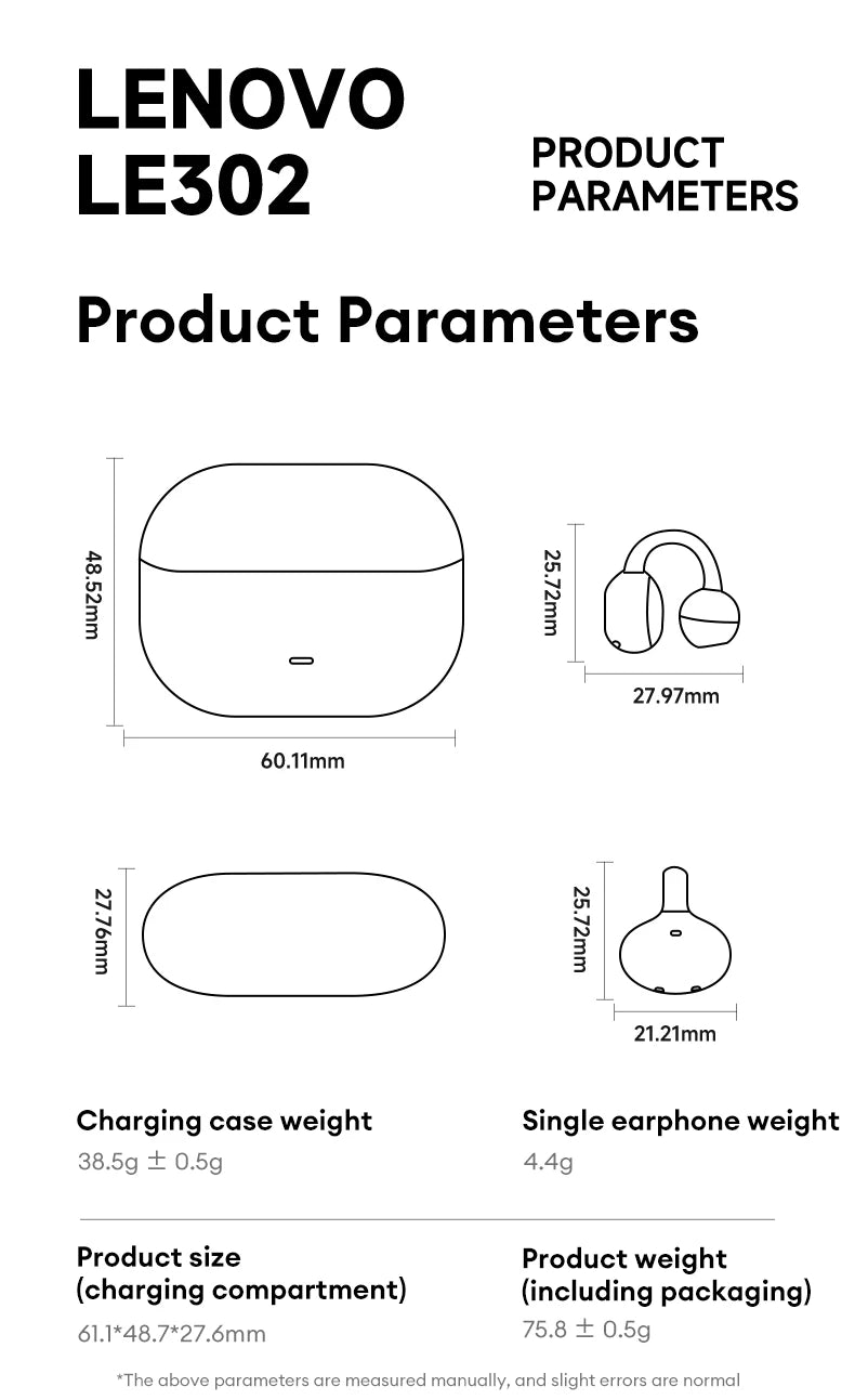 Choice Lenovo LE302 OWS Ear Clip Earphones Wireless Bluetooth 6.0 Headset HD Call Earbuds Low Latency Gaming Headphones New