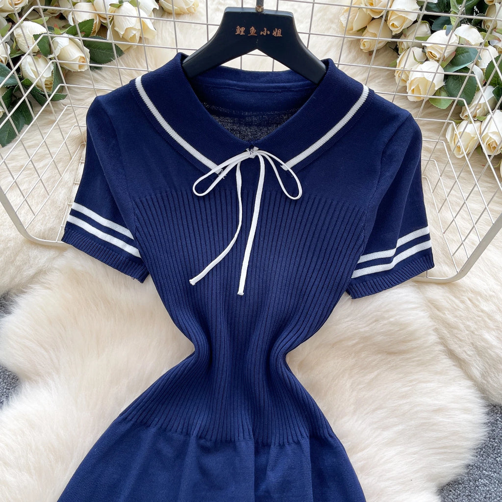 New Summer Women Sailor Collar Short Sleeve Knitted Dress Sundress Bow Lace Up Elatic Bodycon Pencil Vestidos Short Dress