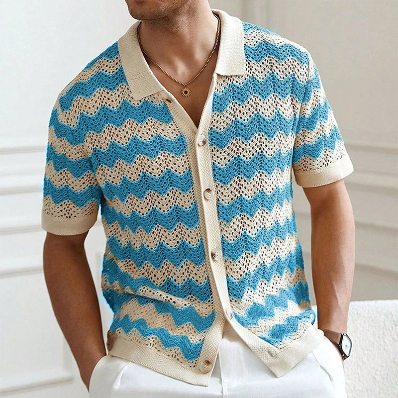 Summer Men Knitted Cardigan Polo Shirts Short Sleeve Striped Jacquarded Business Shirts American Retro Premium Quality Knitwear
