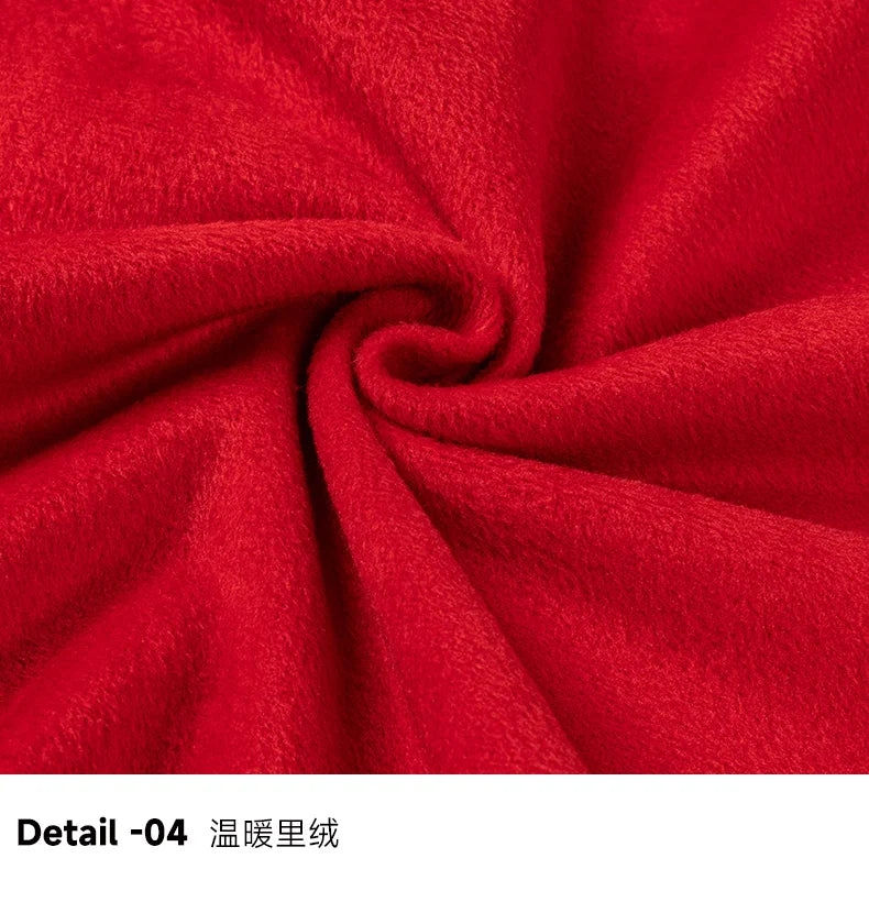 Men's long-sleeved shirt in Chinese red with fleece and thickened texture, warm and casual, comfortable and versatile for winter