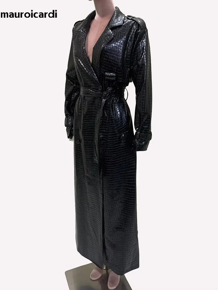 Mauroicardi Spring Autumn Extra Long Shiny Reflective Crocodile Print Pu Leather Trench Coat for Women Luxury Designer Clothes